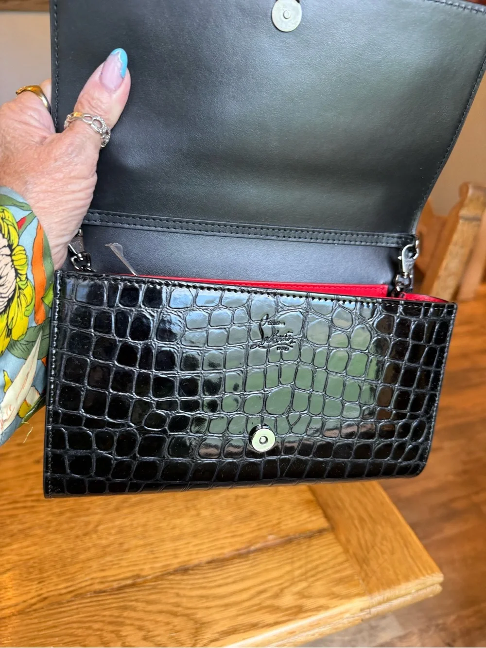 Christian Louboutin Black Patent Croc-Embossed Studded Wallet on chain 3 way bag